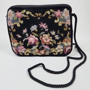 Vintage 1970s Floral Petit-point Needle Point Black Velvet Shoulder Bag Cottage